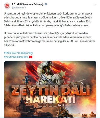 MSBden Zeytin Dalı Harekatı paylaşımı