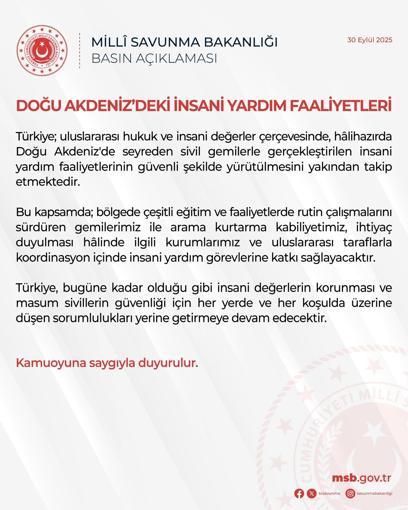 MSB: Türkiye, ihtiyaç duyulması halinde Doğu Akdenizde insani yardım görevine katkı sağlayacak