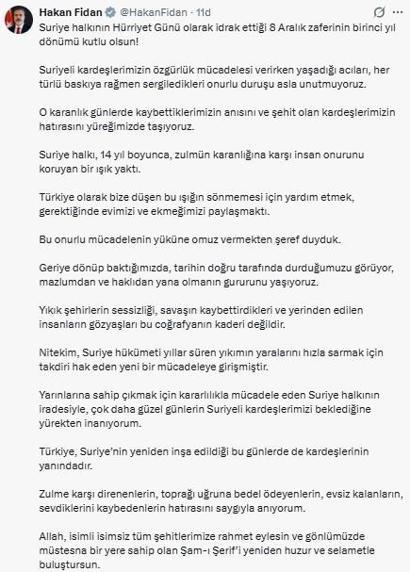 Bakan Fidan: Suriyenin 8 Aralık zaferinin 1inci yılı kutlu olsun