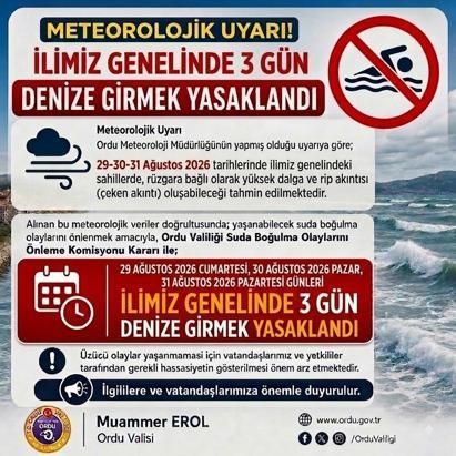 Ordu’da 3 gün denize girmek yasaklandı