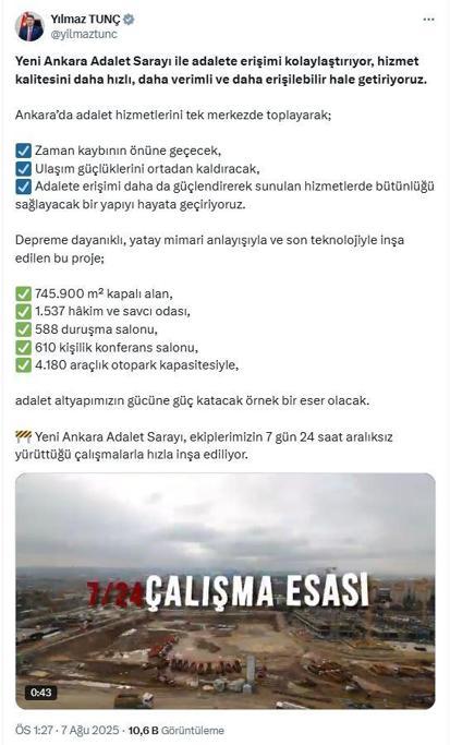 Bakan Tunç: Yeni Ankara Adalet Sarayı, hızla inşa ediliyor