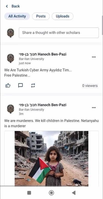 Ayyıldız Tim, İsrailli profesörün hesabını hackledi