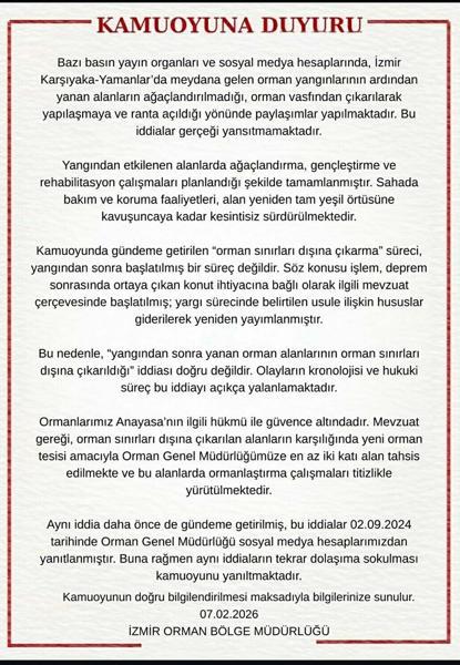 Karşıyaka- Yamanlar yangını sonrası rant iddialarına ilişkin Orman Bölge Müdürlüğünden açıklama