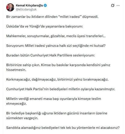 Kılıçdaroğlu: Milletin verdiği emaneti masa başı oyunlarıyla kimseye teslim etmeyeceğiz