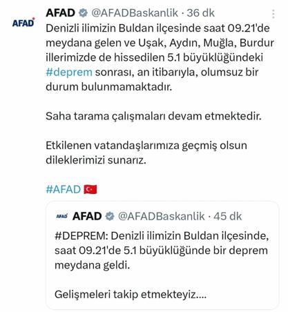 Denizlide 5.1 büyüklüğünde deprem