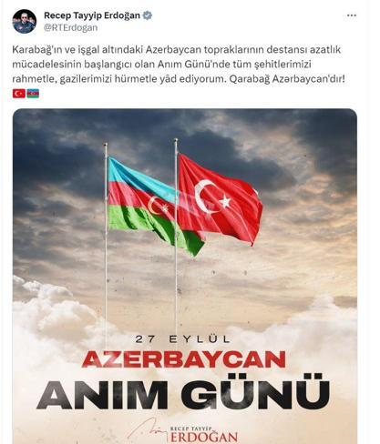 Cumhurbaşkanı Erdoğan, Azerbaycanın Anım Gününde şehitleri andı