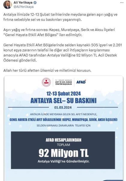 Selden etkilenen Antalyaya 92 milyon lira acil destek ödemesi