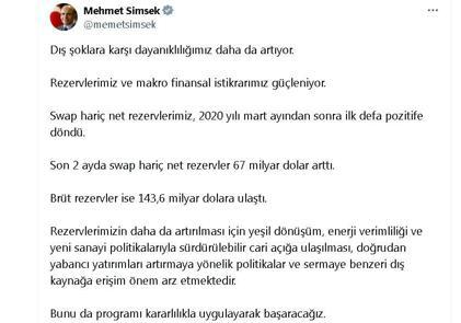 Bakan Şimşek: Son 2 ayda net rezervler 67 milyar dolar arttı