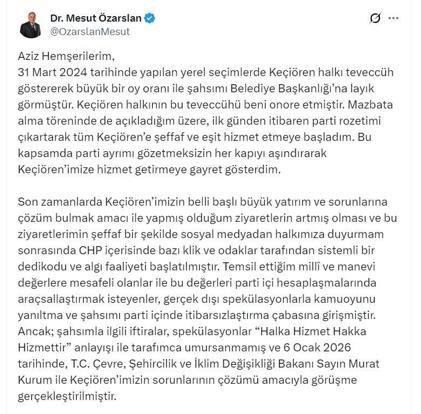 Keçiören Belediye Başkanı Özarslan: CHP üyeliğimden istifa ediyorum