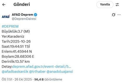 İstanbulda 3.7 büyüklüğünde deprem