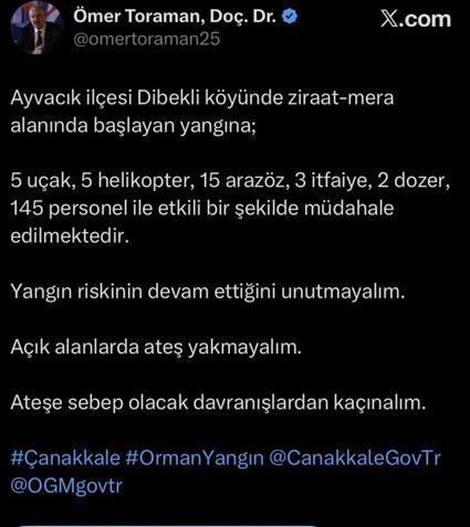 Çanakkalede tarım arazisi ve merada yangın