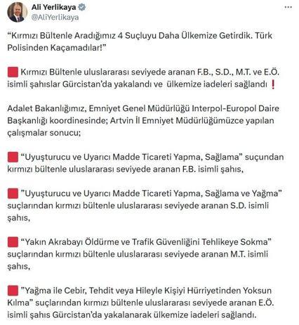 Kırmızı bültenle aranan 4 suçlu yakalanarak, Türkiyeye getirildi