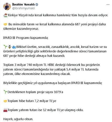Bakan Yumaklı: IPARD 3 Programında 687 proje hibe desteğine hak kazandı