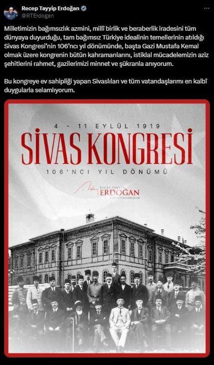 Cumhurbaşkanı Erdoğandan Sivas Kongresi mesajı