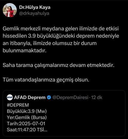 Bursa Gemlikte 4.2 ve 3.9 büyüklüğünde 2 deprem