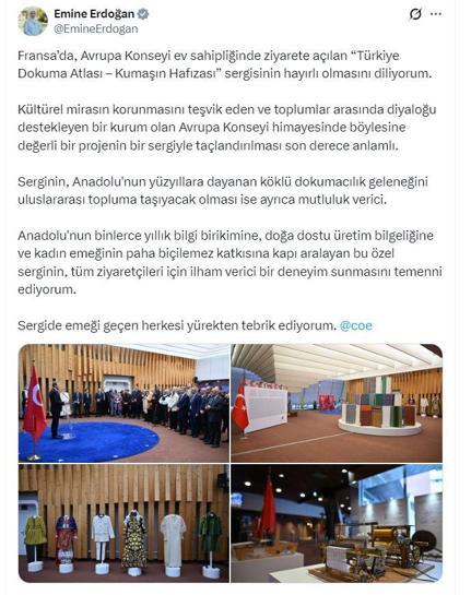 Emine Erdoğandan Fransadaki Türkiye Dokuma Atlası-Kumaşın Hafızası sergisine ilişkin paylaşım