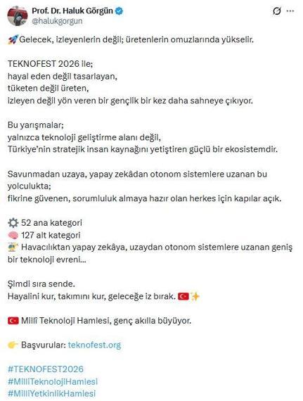 Haluk Görgünden TEKNOFEST 2026 paylaşımı