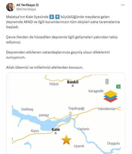 Malatyada 5.9 büyüklüğünde deprem