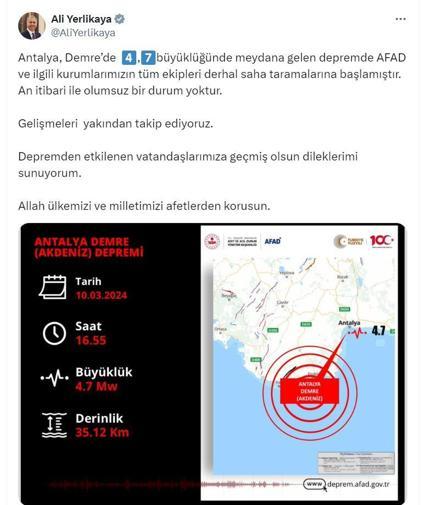 Akdenizde 4.7 büyüklüğünde deprem