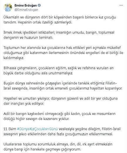 Emine Erdoğandan Dünya Kız Çocukları Günü mesajı