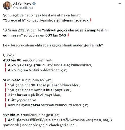 Bakan Yerlikaya: Sürücü affı konusu kesinlikle gündemimizde yok