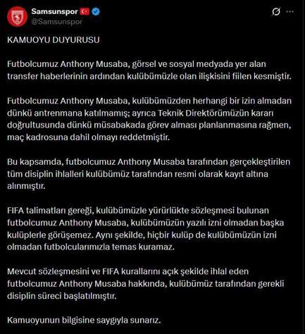 Samsunspordan Anthony Musaba açıklaması