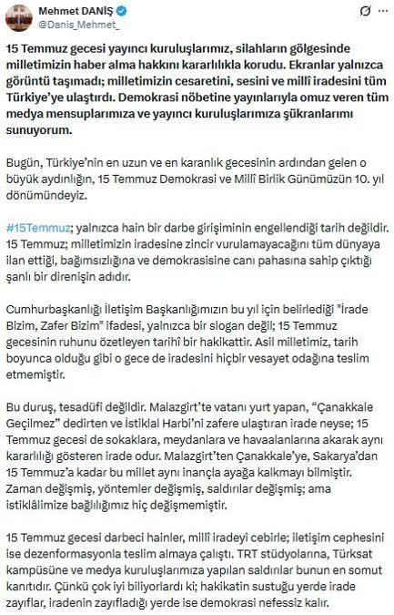 RTÜK Başkanı Danişten 15 Temmuz mesajı