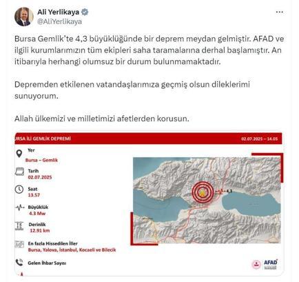 Bursa Gemlikte 4.3 büyüklüğünde deprem