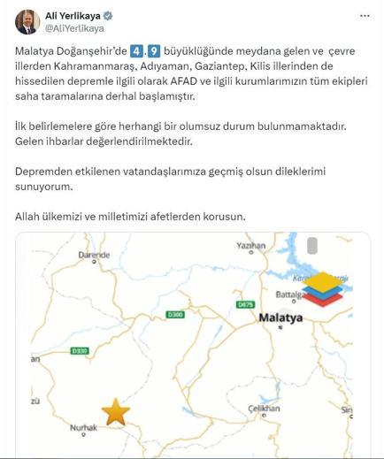 Malatyada 4.9 büyüklüğünde deprem