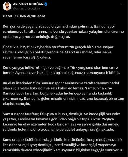 Samsunspor İcra Kurulu Üyesi Erdoğan: Samsunspor camiasını hedef alan suçlamalar kabul edilemez