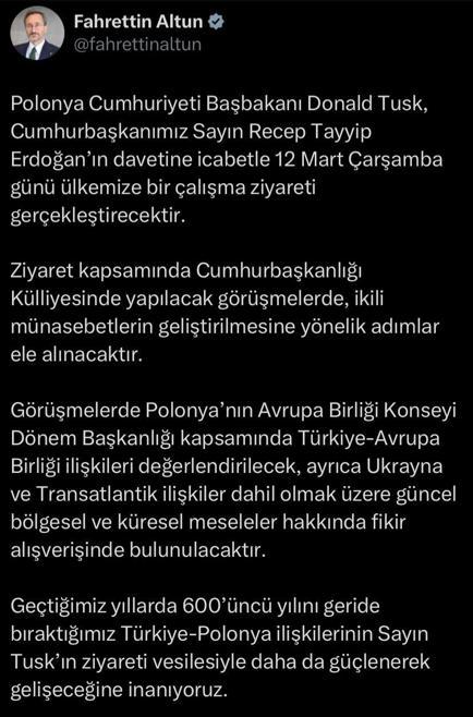 Polonya Başbakanı Tusk, Ankaraya gelecek