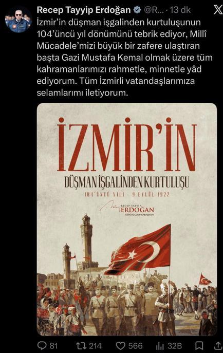 Cumhurbaşkanı Erdoğandan, İzmirin kurtuluşunun yıl dönümü mesajı
