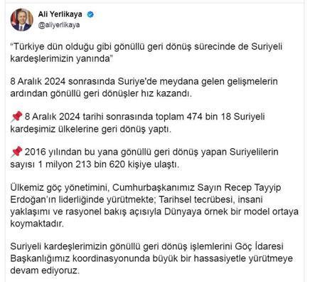 Bakan Yerlikaya: 474 bin 18 Suriyeli kardeşimiz ülkelerine geri dönüş yaptı