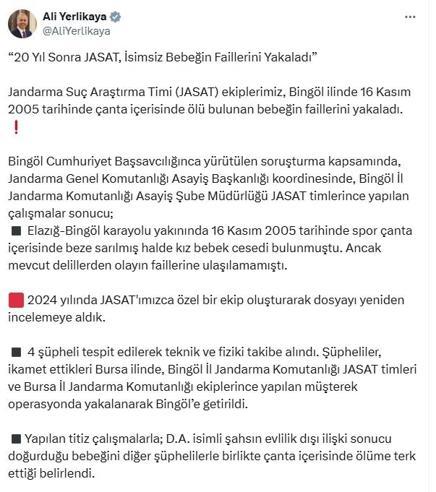 Bakan Yerlikaya: JASAT, 20 yıl önce çantada ölü bulunan bebeğin faillerini yakaladı