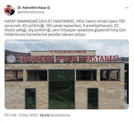 Bakan Koca: Samandağ Devlet Hastanesi hizmetlerine devam ediyor