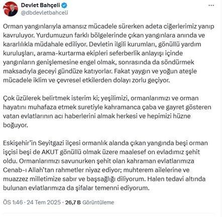 Bahçeliden orman şehitleri için taziye mesajı