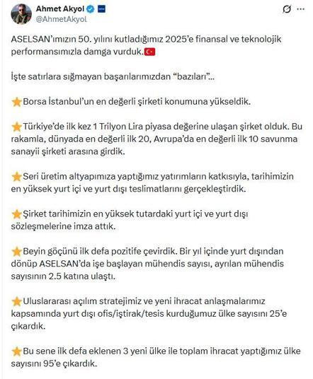 ASELSAN Genel Müdürü Akyol: Finansal ve teknolojik performansımızla 2025e damga vurduk