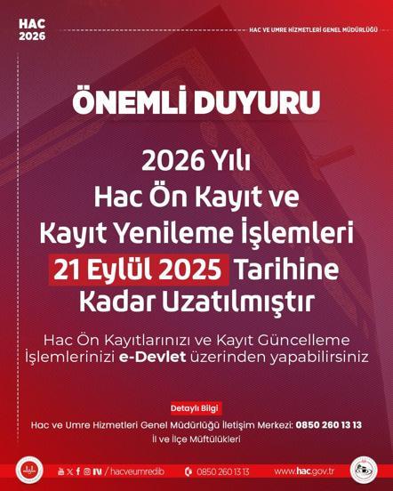 Hac ön kayıt ve kayıt güncelleme işlemleri, 21 Eylüle uzatıldı