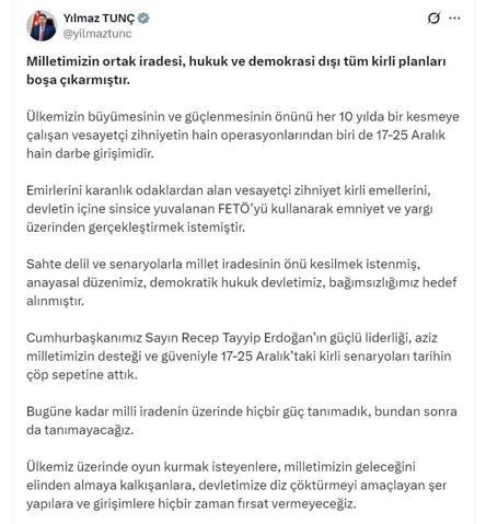 Bakan Tunç: Devletimize diz çöktürmeyi amaçlayan şer yapılara fırsat vermeyeceğiz