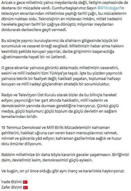 RTÜK Başkanı Danişten 15 Temmuz mesajı