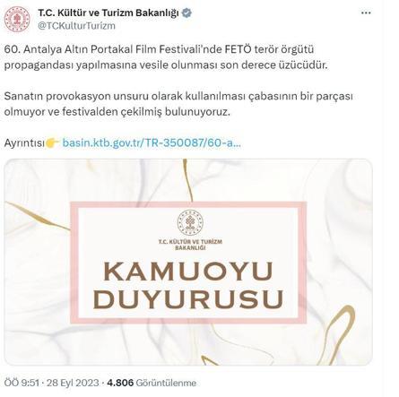 Kültür ve Turizm Bakanlığı, Altın Portakaldan çekildi