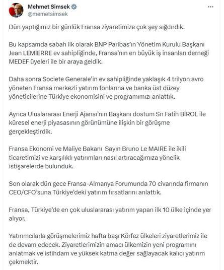 Bakan Şimşek, Fransız mevkidaşıyla görüştü