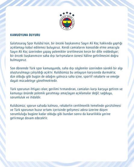 Fenerbahçe’den Galatasaray’a cevap: Ali Koç üzerinden yapay polemik üretilmesini reddediyoruz
