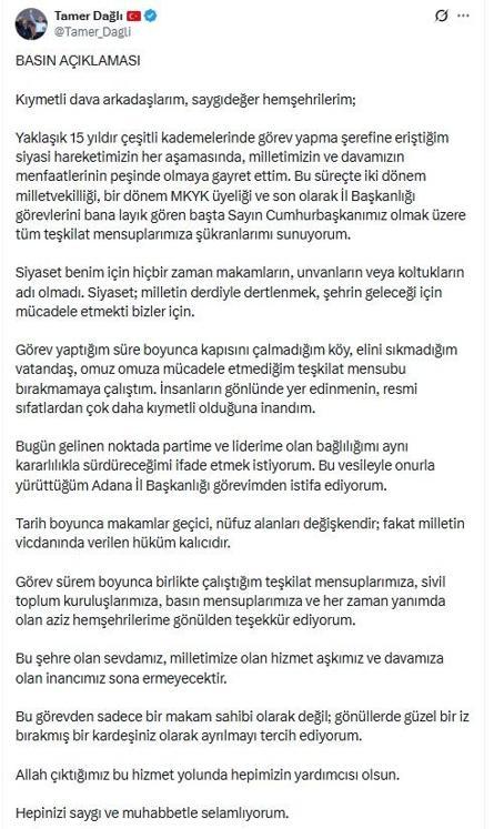 AK Parti Adana İl Başkanı Dağlı istifa etti