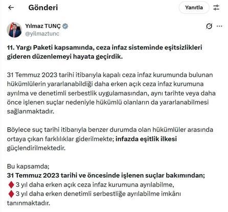 Bakan Tunç: 11inci Yargı Paketinden yararlanacak hükümlülerin işlemleri başlatıldı