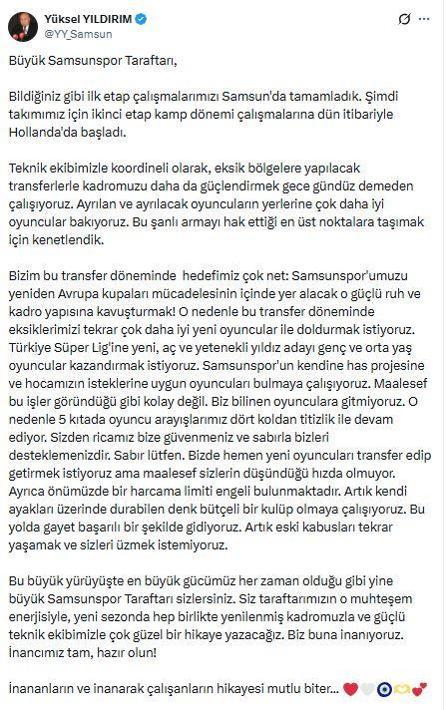 Yüksel Yıldırım: Hedefimiz Avrupa için mücadele eden Samsunspor