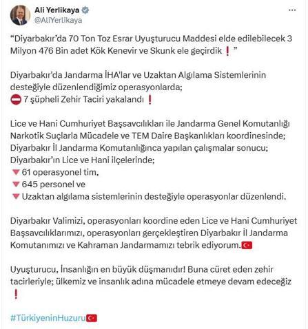 Diyarbakırda 3 milyon 476 bin kök kenevir ve skunk ele geçirildi: 7 gözaltı