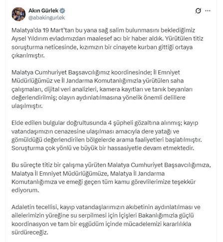 Malatyada 3 aydır aranan Ayselin öldürüldüğü ortaya çıktı; 4 gözaltı