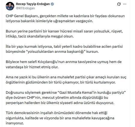 Cumhurbaşkanı Erdoğan: CHP Genel Başkanı yolsuzluk, rüşvet, irtikap, taciz skandallarıyla meşgul olsun