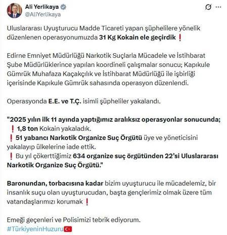 Kapıkule Gümrük Sahasında 31 kilo kokain ele geçirildi: 2 gözaltı